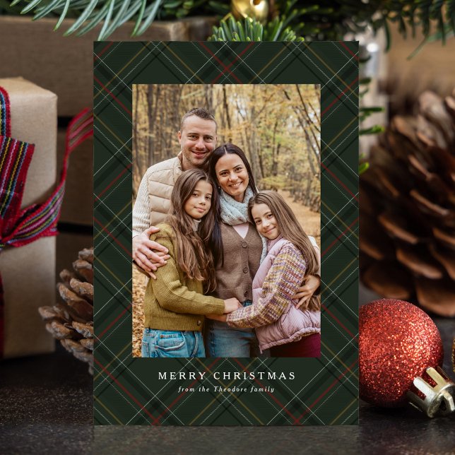 Classic Christmas plaid hunter green simple photo Holiday Card (Creator Uploaded)
