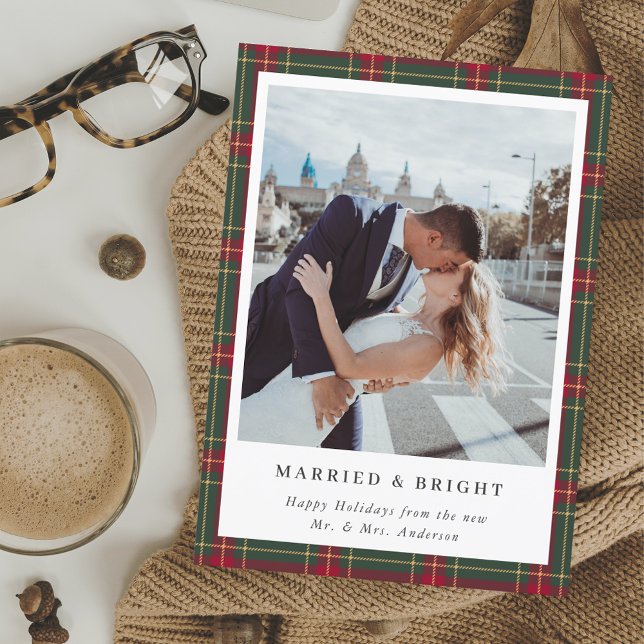 Classic Christmas Plaid Married and Bright Photo Holiday Card (Creator Uploaded)