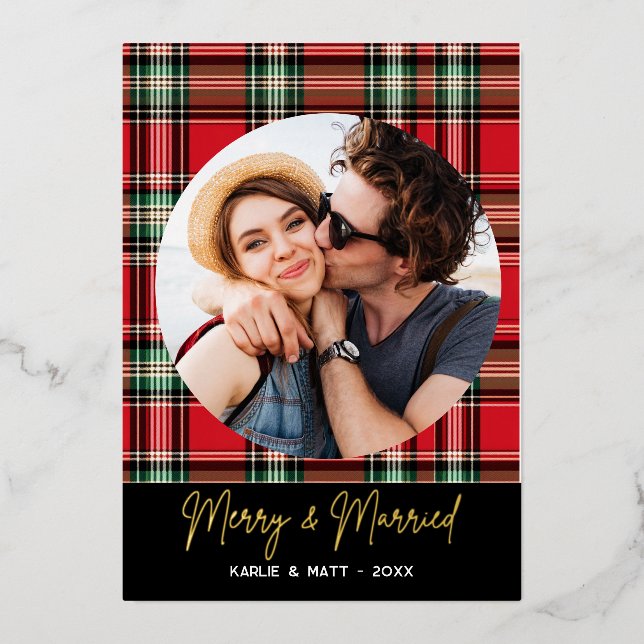 Classic Christmas Plaid Merry & Married Photo  Foil Holiday Card (Front)