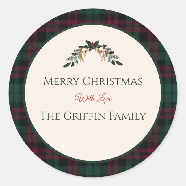Classic Christmas Plaid Round Sticker (Front)