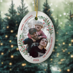 Classic Christmas Plants Silver Frame Family Photo Ceramic Tree Decoration