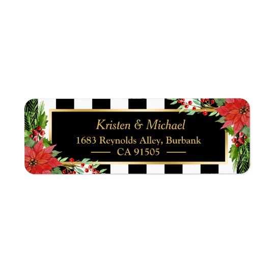 Classic Christmas Poinsettia Floral Gold Frame Return Address Label