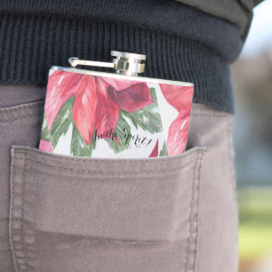 CLASSIC CHRISTMAS POINSETTIA FLOWER IN THE SPIRIT HIP FLASK