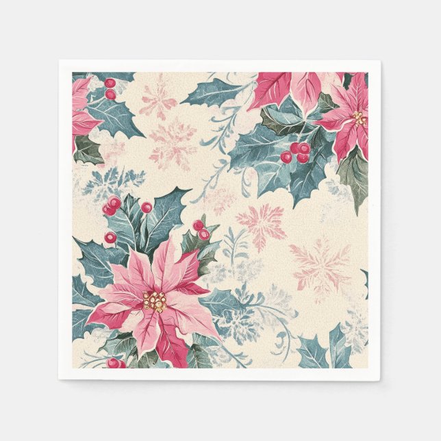 Classic Christmas Poinsettia Flowers Paper Napkin (Front)