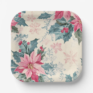 Classic Christmas Poinsettia Flowers Paper Plate
