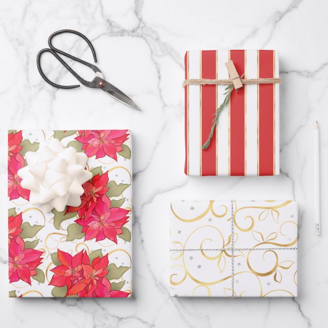 Classic Christmas Poinsettia Wrapping Paper (Front)