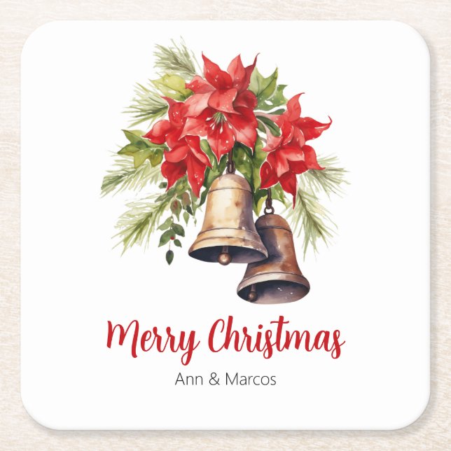 Classic Christmas Poinsettias & Golden Bells  Square Paper Coaster (Front)