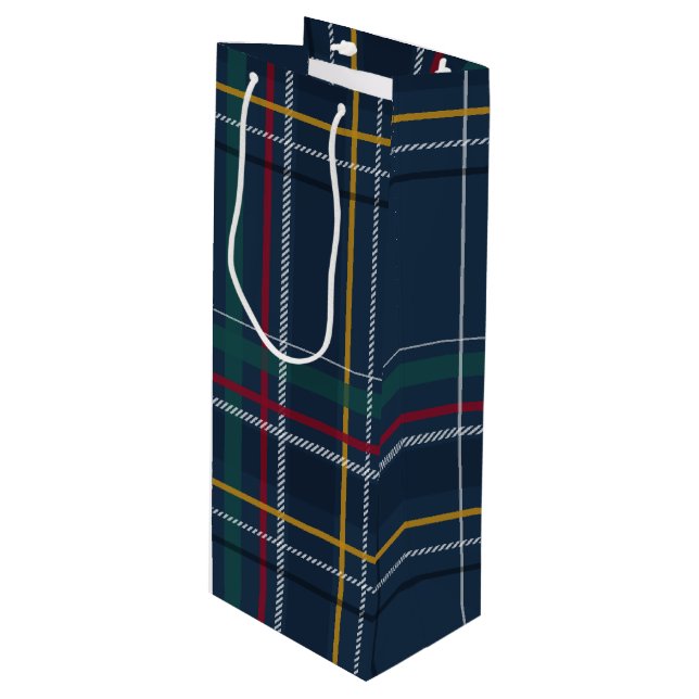 Classic Christmas present navy blue plaid holiday Wine Gift Bag (Front Angled)