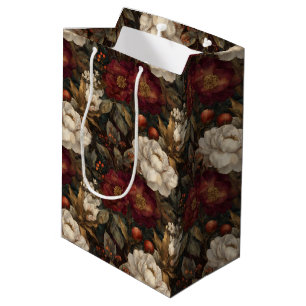 Classic Christmas Red and Cream Winter Floral Medium Gift Bag