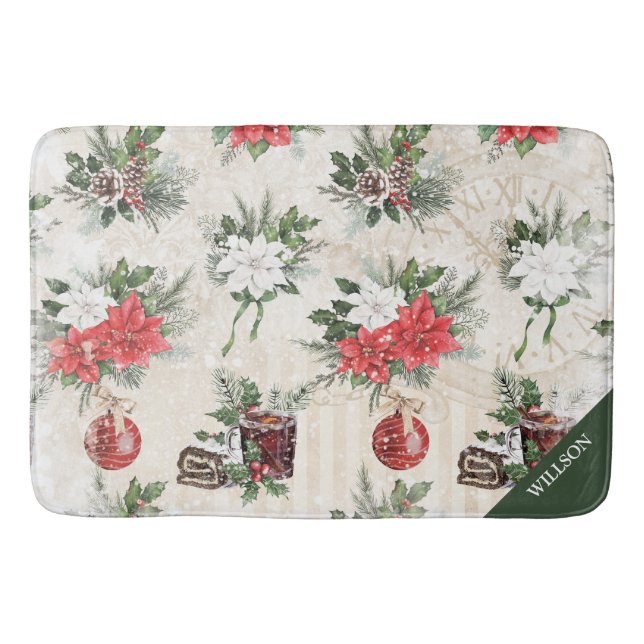 Classic Christmas red and white poinsettia cotton Bath Mat (Front)