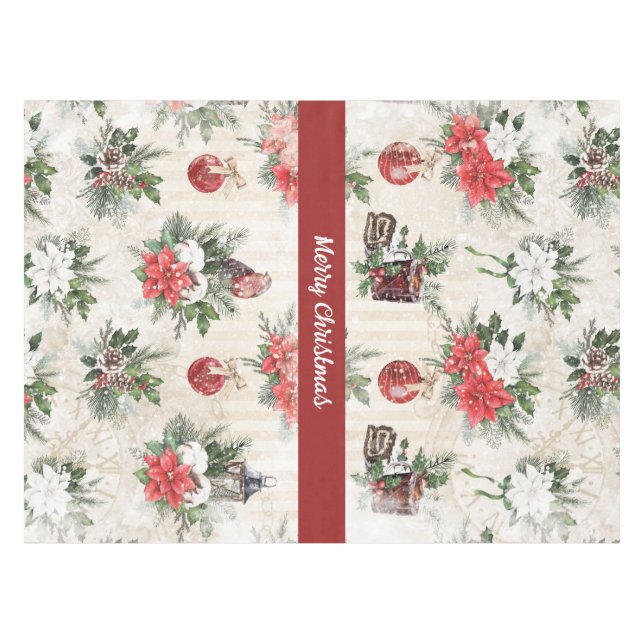 Classic Christmas red and white poinsettia cotton Tablecloth (Front (Horizontal))