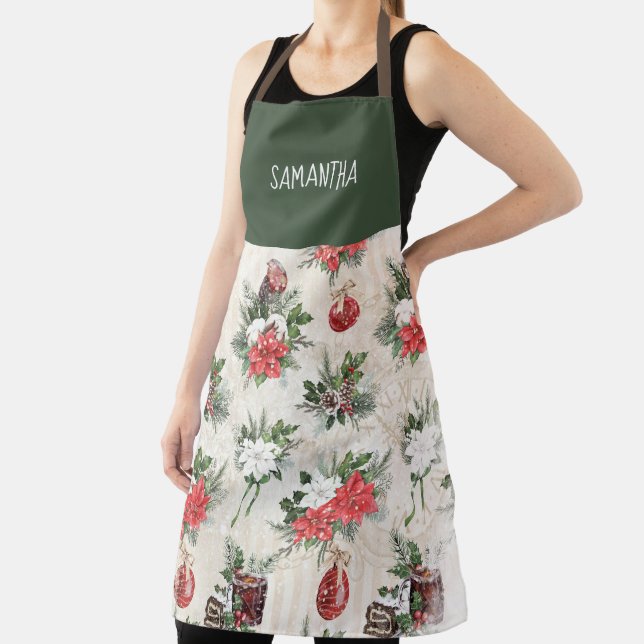 Classic Christmas red and white poinsettia flowers Apron (Insitu)