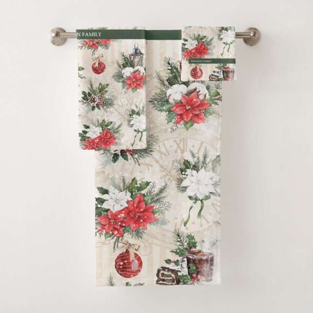 Classic Christmas red and white poinsettia flowers Bath Towel Set (Insitu)
