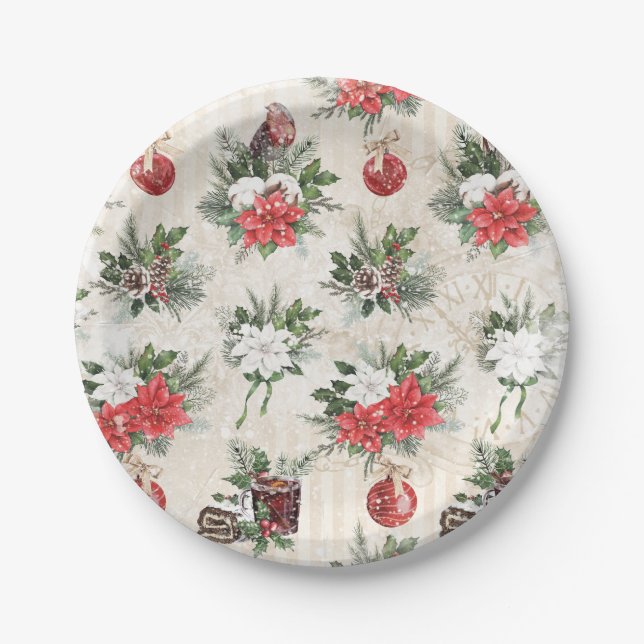 Classic Christmas red and white poinsettia flowers Paper Plate (Front)