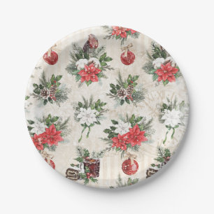 Classic Christmas red and white poinsettia flowers Paper Plate