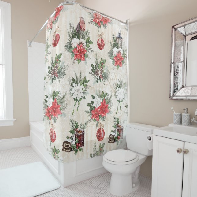 Classic Christmas red and white poinsettia flowers Shower Curtain (In Situ)