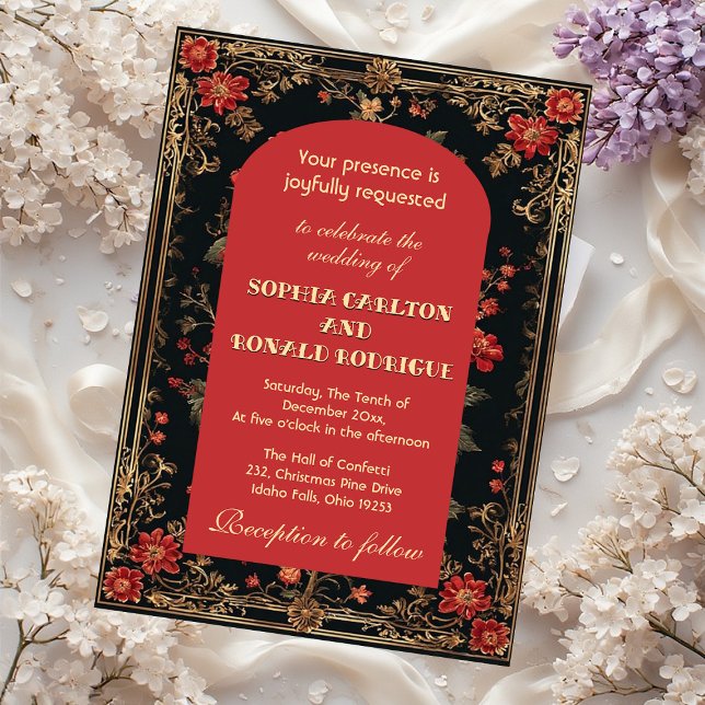 Classic Christmas Red Chinoiserie Floral Wedding  Invitation (Classic Christmas Red Chinoiserie Floral Wedding Invitation)
