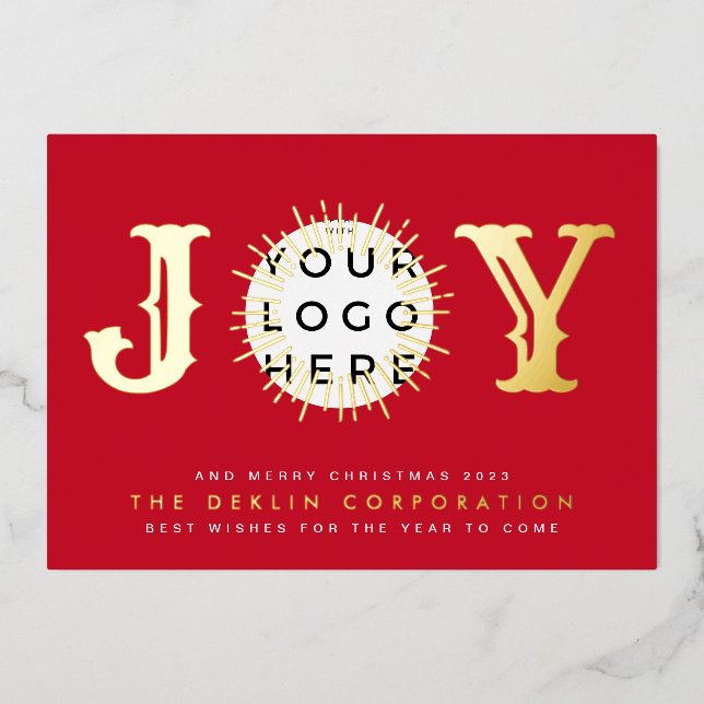 Classic Christmas Red GOLD JOY Business LOGO Foil Holiday Card (Front)