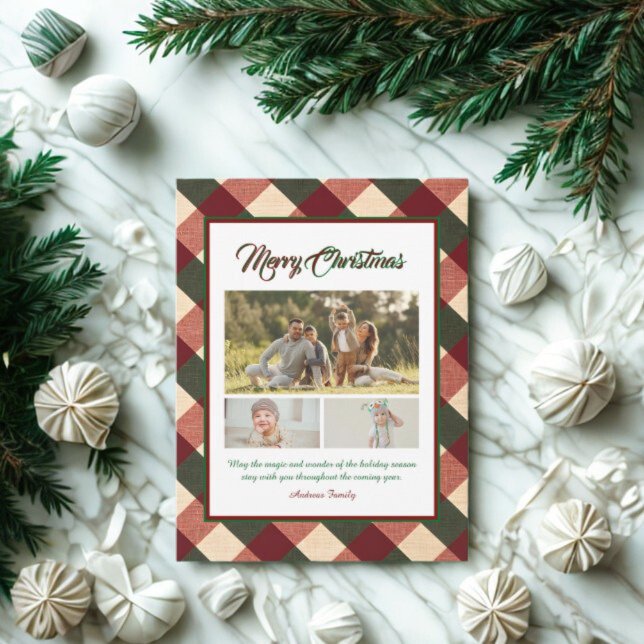 Classic Christmas Red Green Plaid 3 Photo  Holiday Postcard (Creator Uploaded)