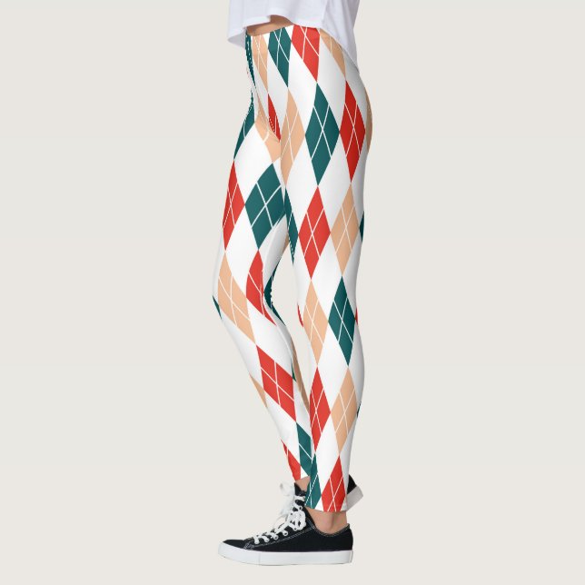 Classic Christmas Red Green White Diamond Pattern Leggings (Left)