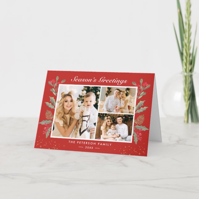 Classic Christmas Red Holly Berries 3 Photo Folded Holiday Card (Front)