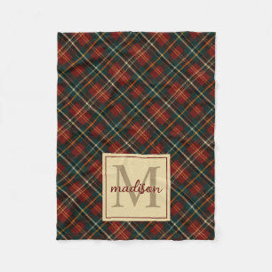 Classic Christmas Red Tartan Plaid Monogram Name Fleece Blanket
