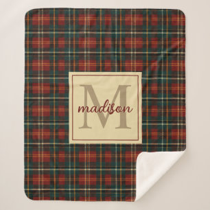 Classic Christmas Red Tartan Plaid Monogram Name Sherpa Blanket