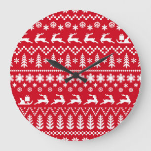 Classic Christmas: Red White Winter Pattern Large Clock