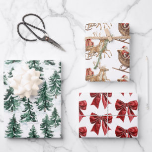 Classic Christmas Santa Sleigh Trees Red Bows Wrapping Paper Sheet