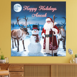 Classic Christmas Scene with Santa, Snowman Canvas Print