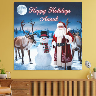 Classic Christmas Scene with Santa, Snowman Canvas Print