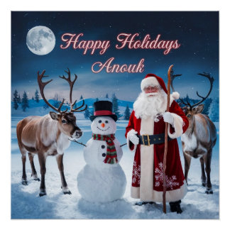 Classic Christmas Scene with Santa, Snowman Poster