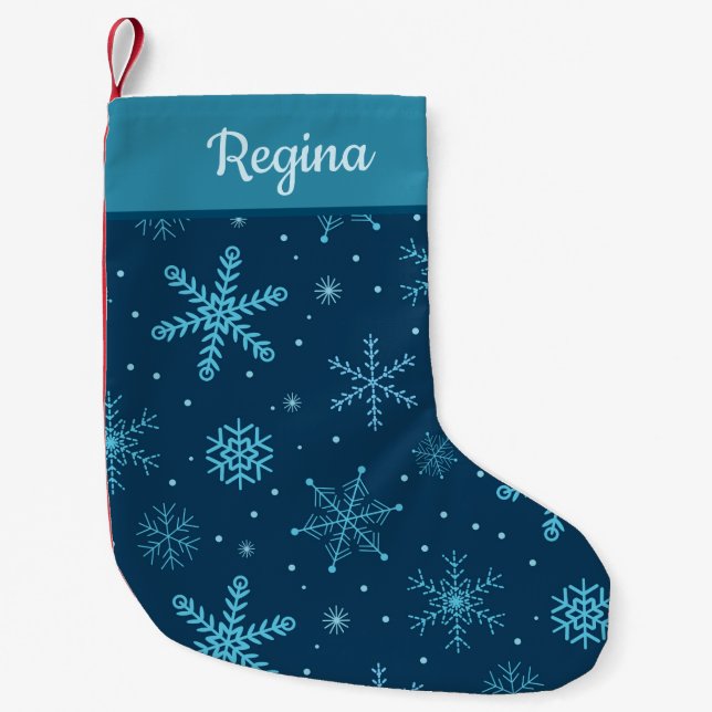 Classic Christmas Snowflakes on navy blue Custom  Small Christmas Stocking (Front)