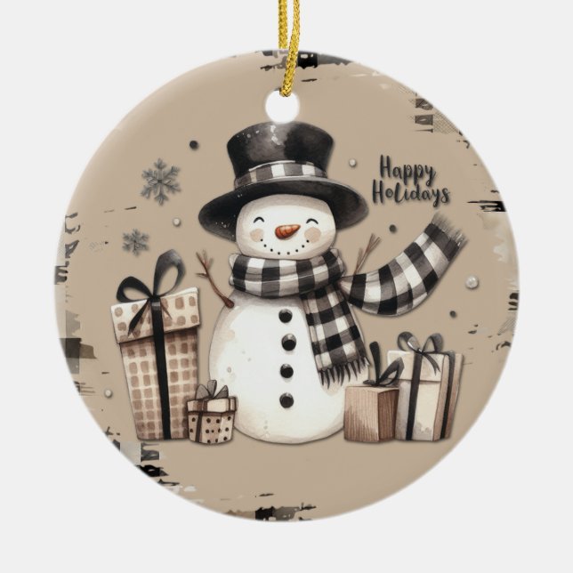 Classic Christmas snowman on a warm plaid ornament (Front)