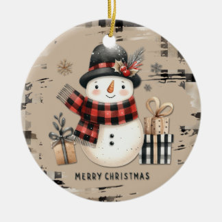 Classic Christmas snowman on a warm plaid ornament