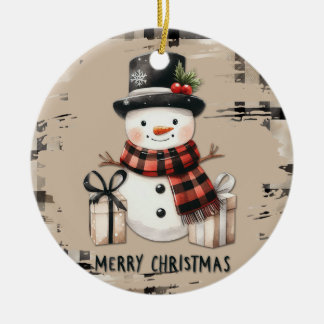Classic Christmas snowman on a warm plaid ornament