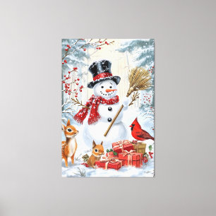 Classic Christmas Snowman & Woodland Friends Art Canvas Print
