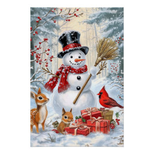 Classic Christmas Snowman & Woodland Friends Art Poster