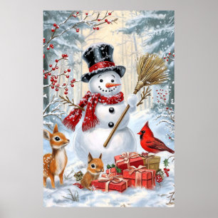 Classic Christmas Snowman & Woodland Friends Art Poster