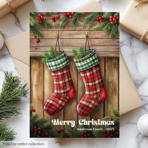 Classic Christmas stocking rustic holly berries Holiday Card