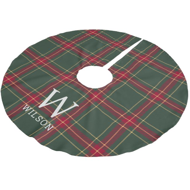 Classic Christmas Tartan Plaid Monogram Brushed Polyester Tree Skirt (Angled)