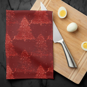 Classic Christmas Tree   Festive Rich Crimson Red Tea Towel
