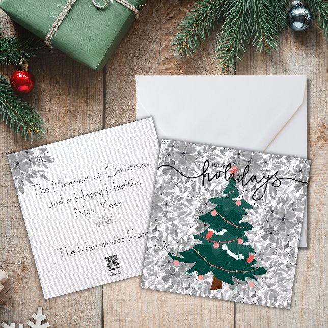 Classic Christmas Tree & Monochrome Florals Linen Holiday Card (Creator Uploaded)