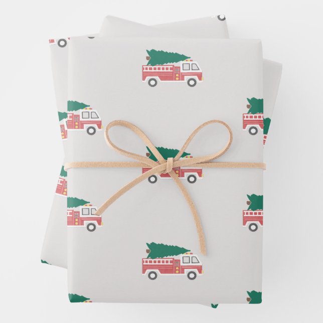 Classic Christmas Tree on a Firetruck Wrapping Paper Sheet (In situ)