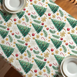 Classic Christmas trees gold and green tablecloth
