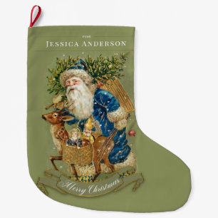 Classic Christmas Vintage Santa Claus Green Custom Large Christmas Stocking