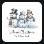 Classic Christmas Watercolor Snowman  Square Sticker<br><div class="desc">Elevate your Christmas celebration with our festive snowman family sticker, adorned with the heartwarming message of 'Merry Christmas.' This sticker is thoughtfully designed to add a touch of festive charm to your holiday decorations, making it the perfect companion to your Christmas preparations. Customise it with your name for a personal...</div>