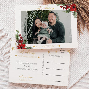 Classic Christmas White Photo Birth Announcement Postcard