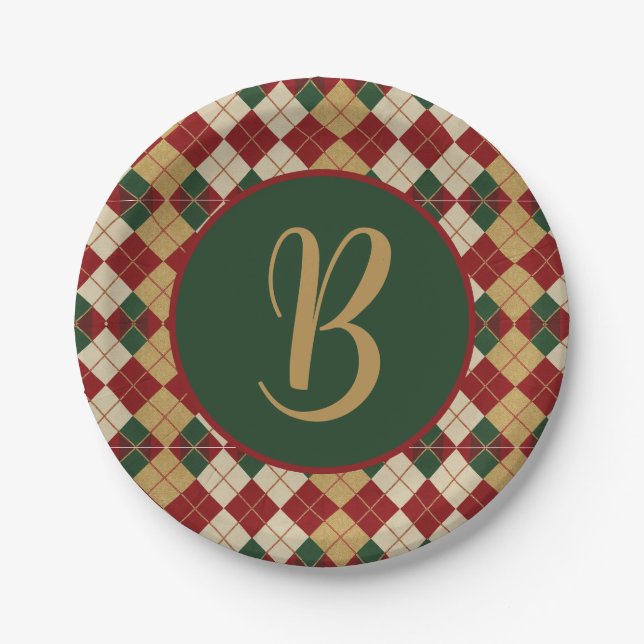 Classic, Christmas/winter argyle patterned Paper Plate (Front)