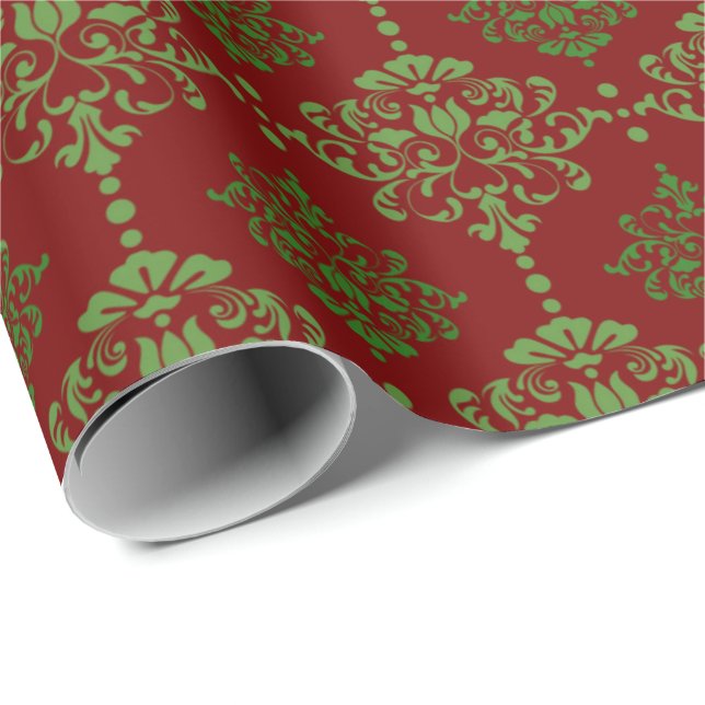 Classic Christmas Wrap Damask Red Green Wrapping Paper (Roll Corner)